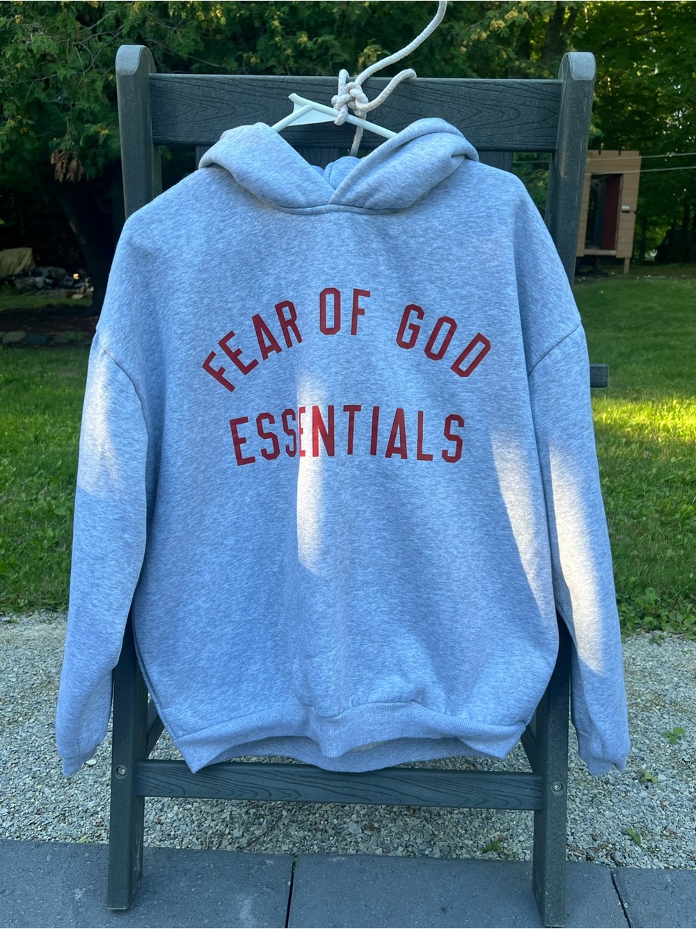 Essentials Men's Hoodie in Heather Gray with Red Logo